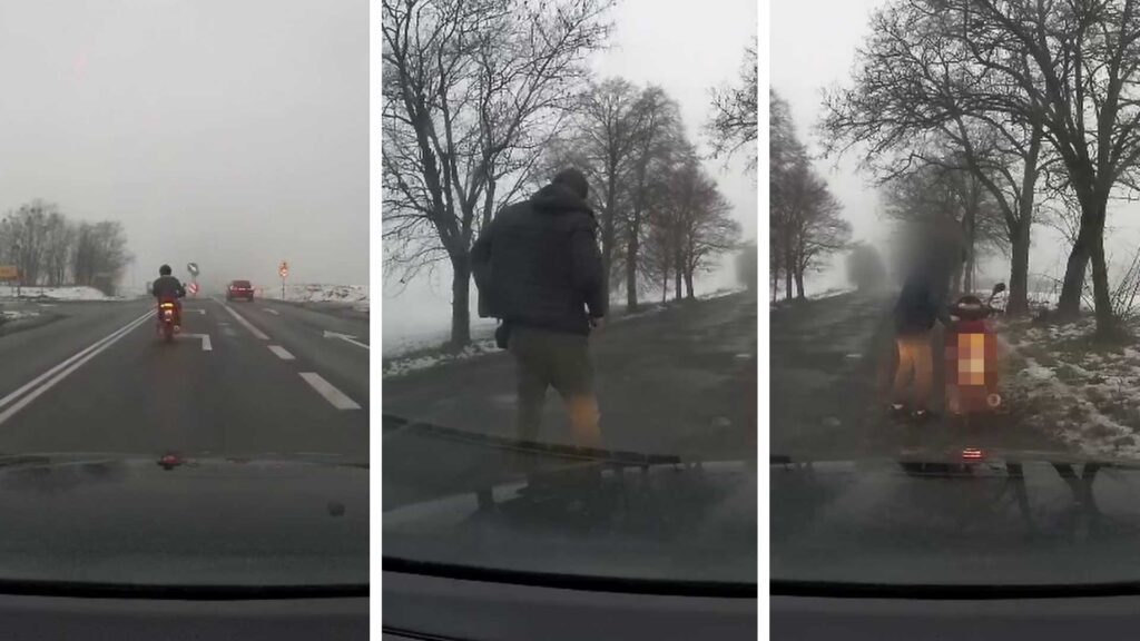 Pijany motorowerzysta w rękach policjanta wracającego ze służby