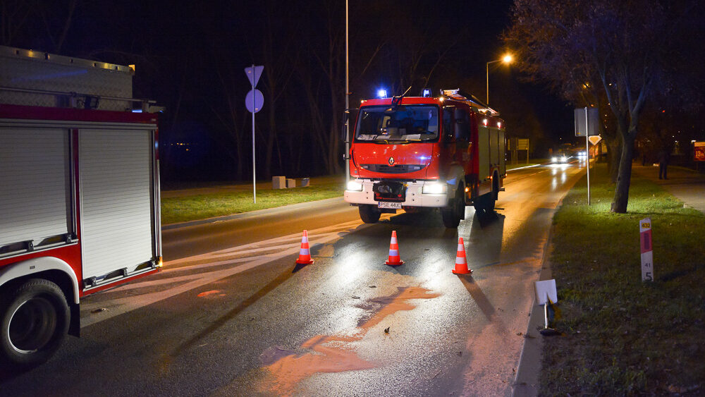 Kilka strażackich zastępów usuwało gigantyczną plamę oleju